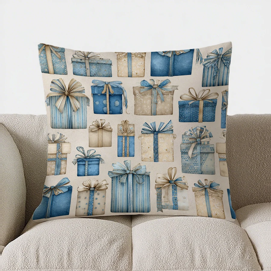 Home Decor Blue Gift Boxes Pattern Decorative Pillow Cover Pattern Cushion Cover Suitable For Sofa Bedroom Car Pillow Cover