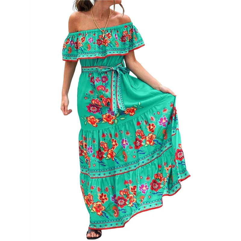 

ABRT-Женское мексиканское платье, летнее пляжное длинное платье макси с открытыми плечами и цветочным принтом без рукавов
