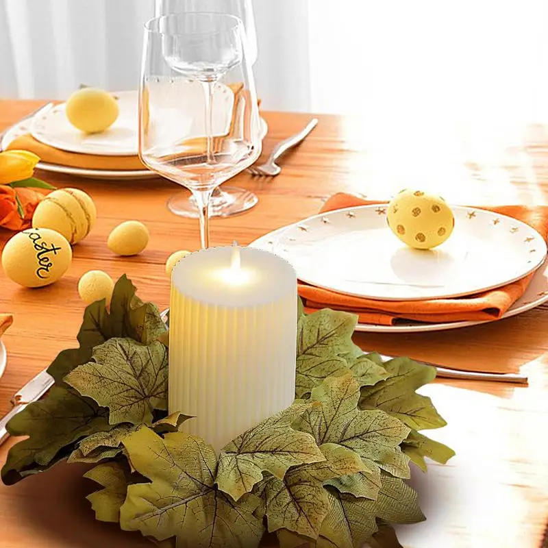 Fall Maple Leaf Candlestick Wreath Thanksgiving Decoration Artificial Candle Ring Garland Party Table Centerpiece Decoration