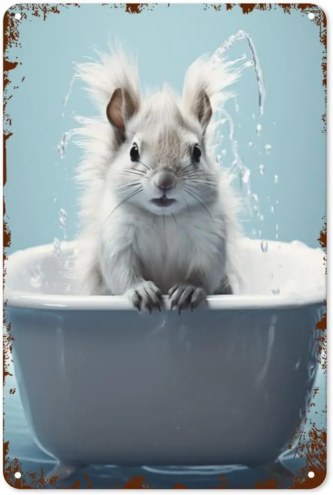 Squirrel in Bathtub Tin Sign Art Poster Metal Home Bathroom Decor Animal Decor Man Cave Vintage Wall Decor Christmas Decor  sign