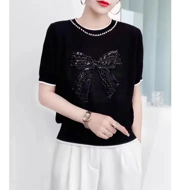 New Short-sleeved Knitwear Women O-neck Bows T-shirt Wool Cotton Blend Pullover Summer Bottoming Tops Sweater Solid Soft A768