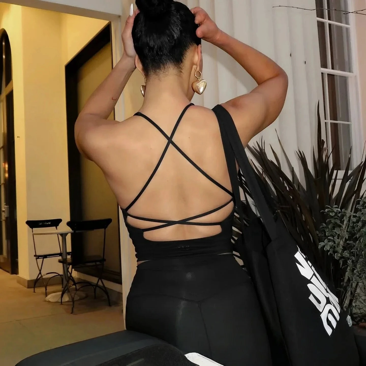 C-B 2Pcs Yoga Set Cross Strap Cami Top + High Waist Shorts/Leggings, Naked Feel Workout Outfit for Women Gym Pilates Fitness