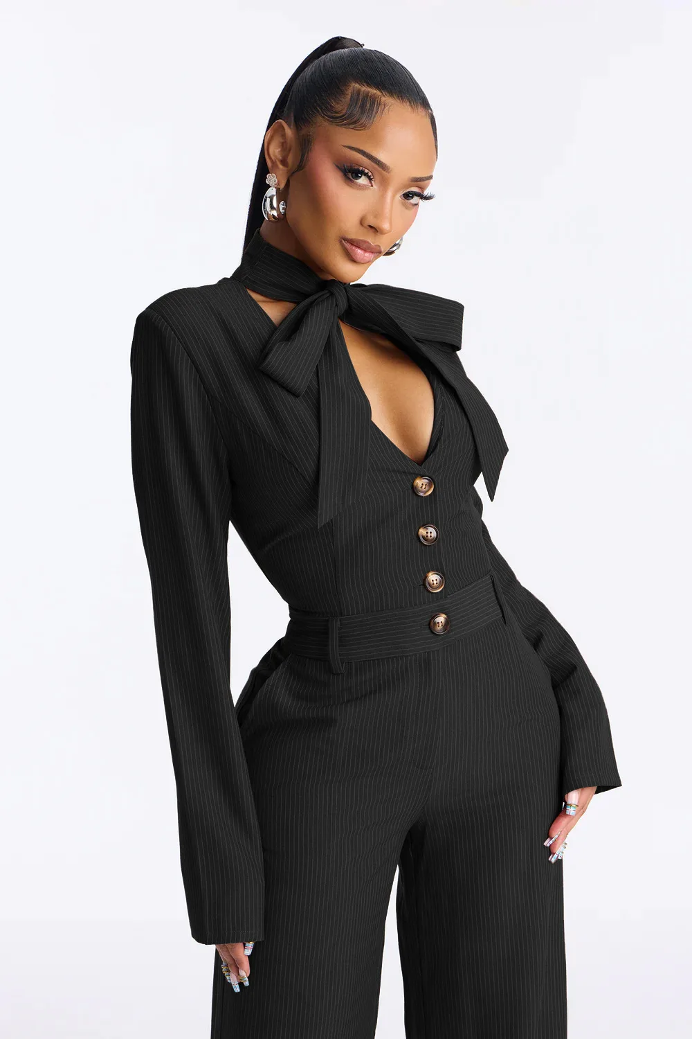 EINY Elegant Butterfly Knot Wide Leg Jumpsuits Cotton Blend Long Sleeve Fresh Sweet Mid Waist Long Street Casual Pants One-Piece