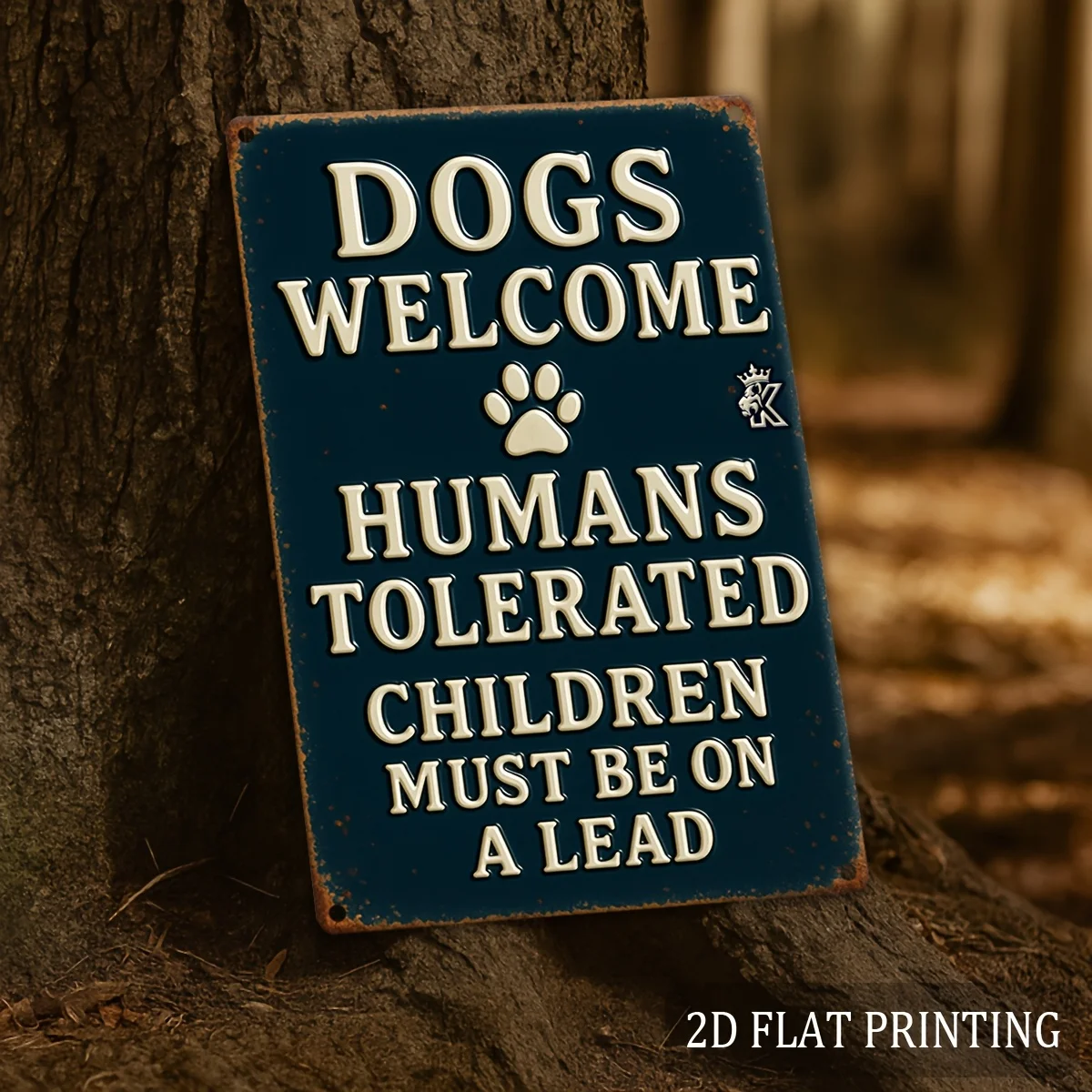 2D Flat,a Fun Pet Warning Metal Sign Saying'Dogs Welcome Humans Tolerate Children Must Be Leashed'for Yard Gate Decoration
