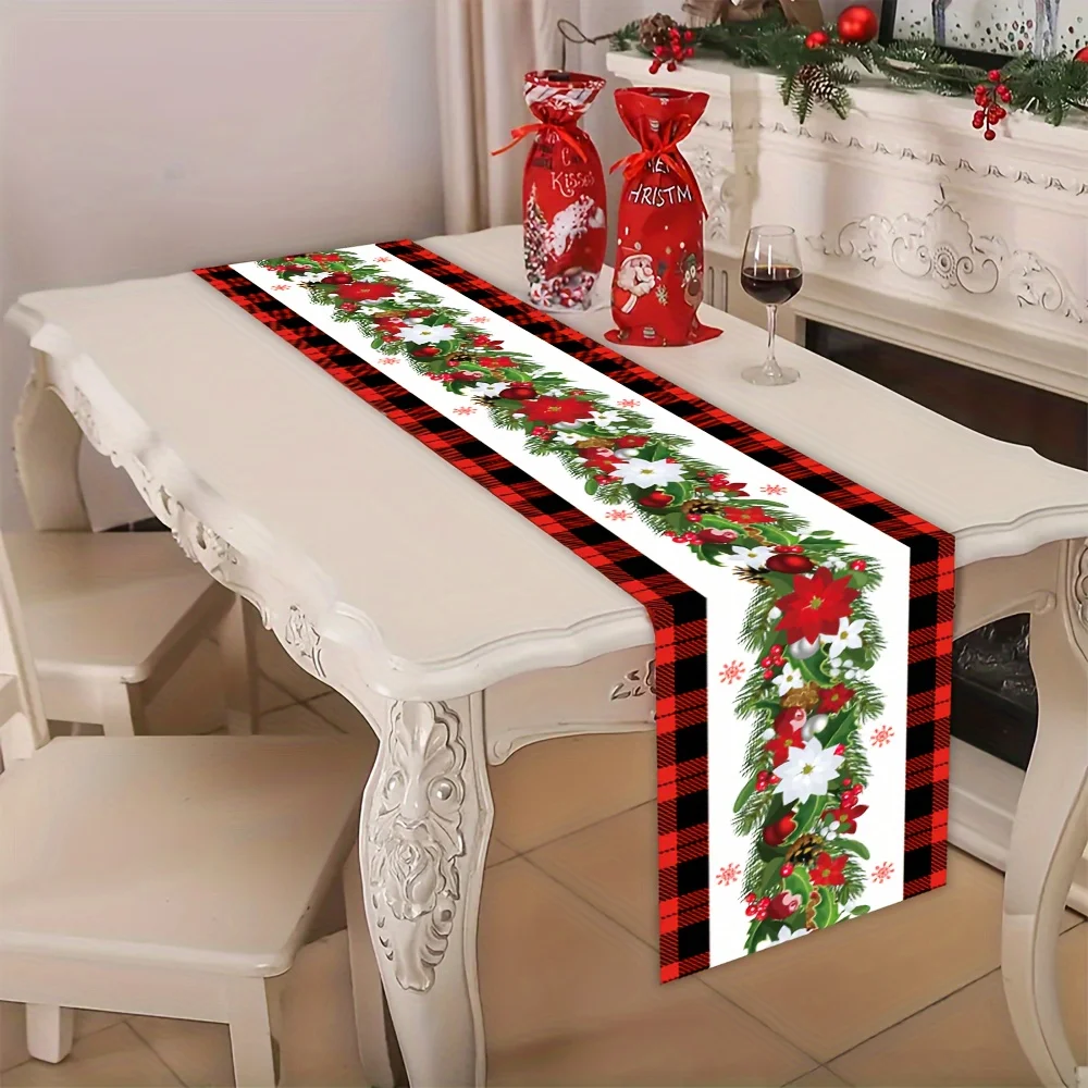 Merry Christmas Poinsettia Flower Linen Table Runner for Table Decor Winter Xmas Pine Needle Table Runners Christmas Decorations