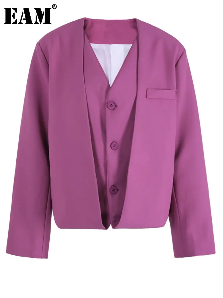 [EAM] Women Purple Red False Two Big Size Short Blazer New V-neck Long Sleeve Jacket Fashion Tide Spring Autumn 2024 CPG1158