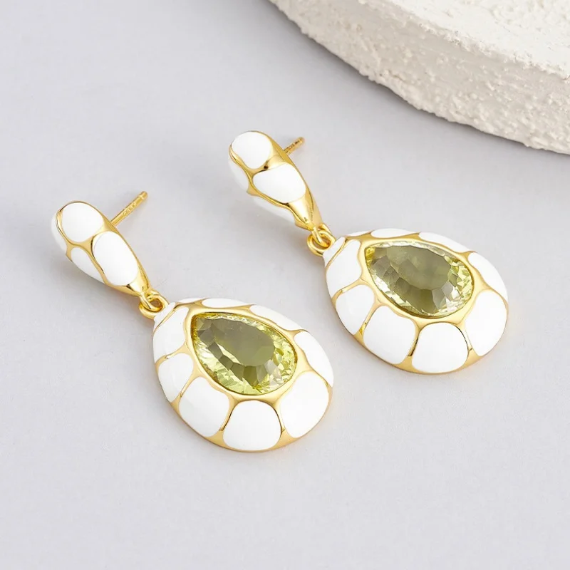 S925 Sterling Silver Studs Earrings for Women Plated Gold Enamel Inlaid Lemon Crystal Ear Studs Fashion Jewelry Wholesale