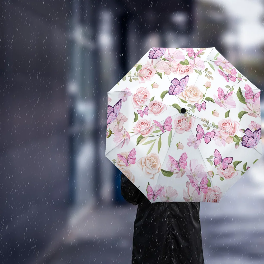 Flowers Butterfly Pink Print Women Men Rain Umbrella Three Folding Girl Durable Portable Automatic Umbrellas Gift Parasol