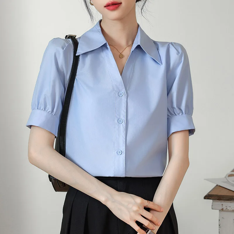 Summer Elegant Fashion Solid Short Sleeve Shirt Women V-neck Button All-match Formal Clothing Office Lady Chic Folds Edge Tops