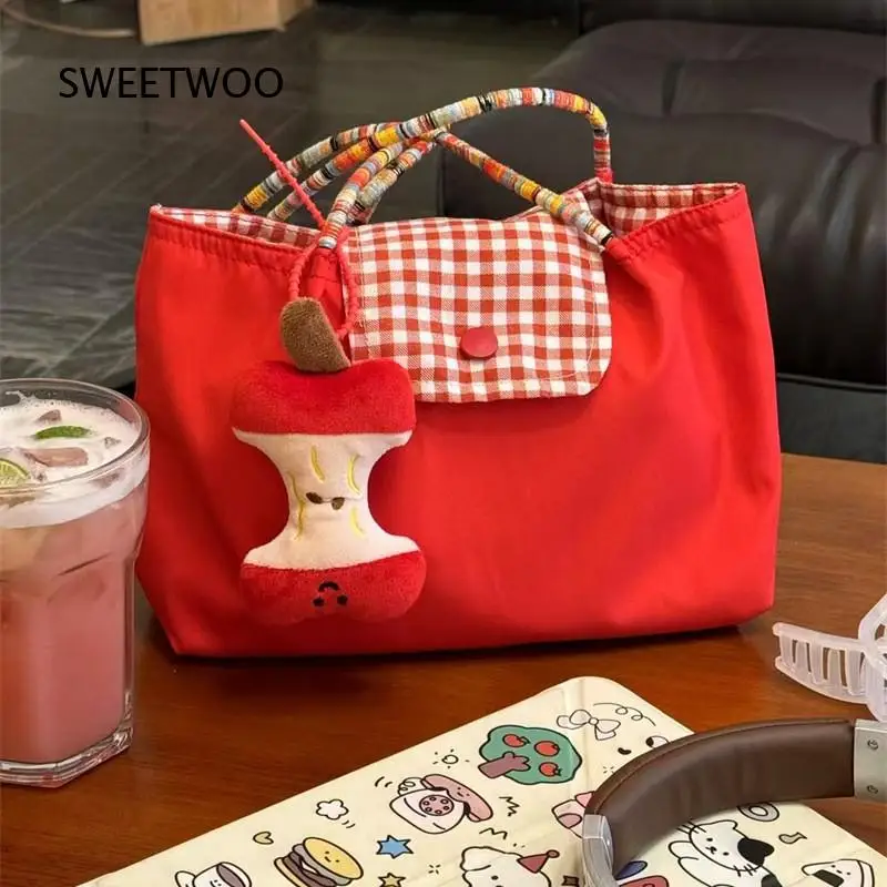 Red Check Lining Nylon Tote Handbag Women Cute Apple Core Charm Small Casual Shopping Shoulder Bag