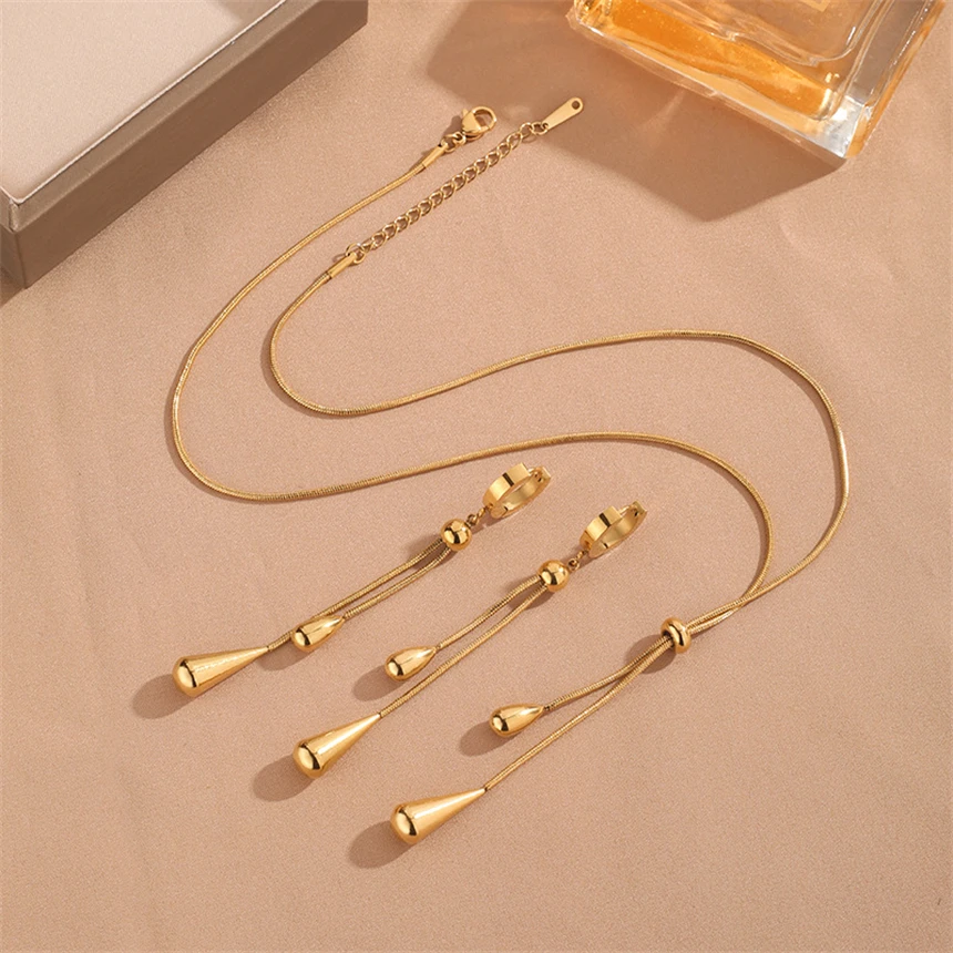 316L Stainless Steel Pulling Adjustment Droplet Shape Tassels Charms Chain Necklaces Earrings Fashion High Jewelry Party Gifts