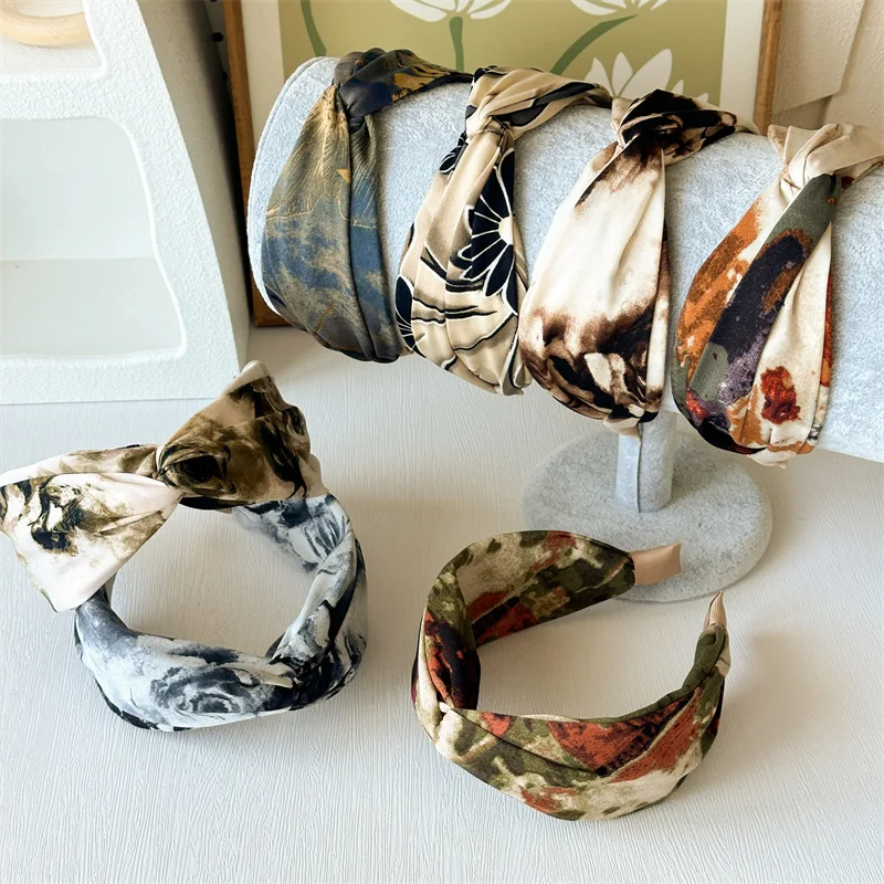 

2PCS New Printed Headband Tie-dye Retro Oil Painting High Cranial Top Cross High-end Headband Women's Summer Hair