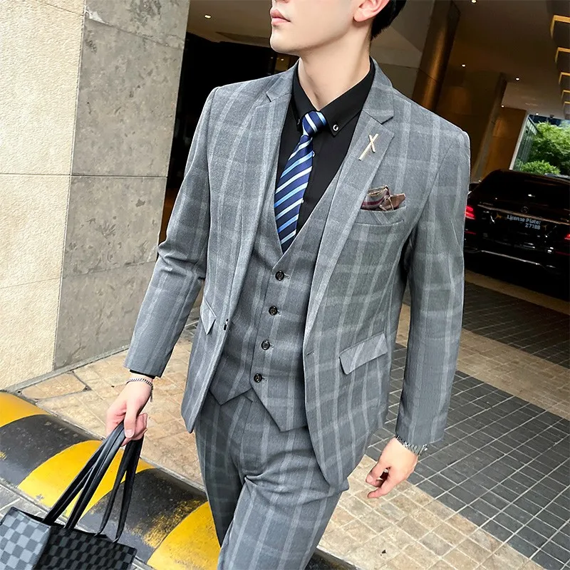 

Busin Casual Tailored Men's Suit Wedding omsmen Formal Wear Polyester Plaid One Button Single Breasted Faion Ci