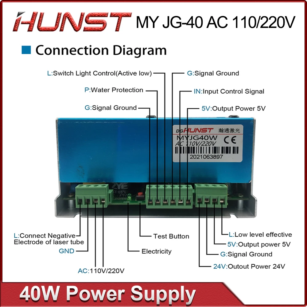 Hunst MYJG-40W CO2 fuente de alimentación láser 110V/220V generador láser para máquina de grabado láser 40W