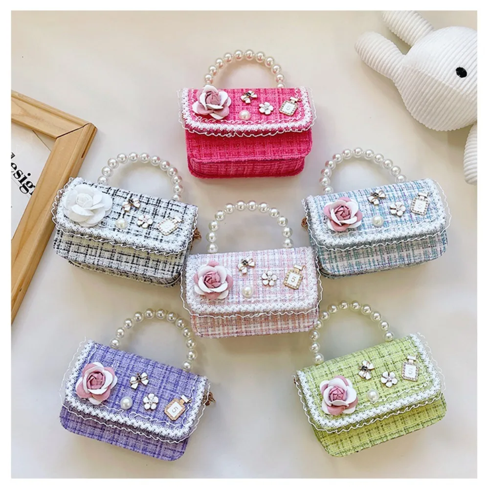 Fashion Flower Decoration Small Square Bag Mini Korean Style Crossbody Bags Pearl Handle Kid's Handbag Children
