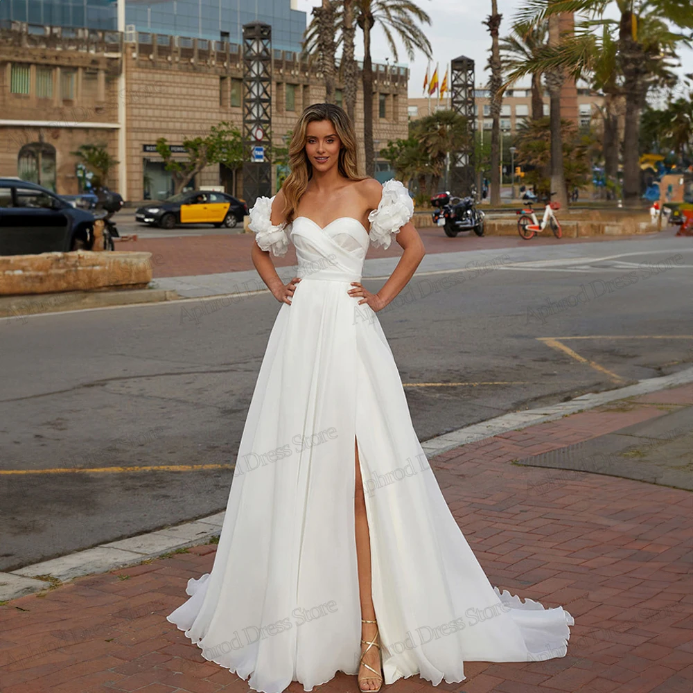 

Charming Wedding Dresses A-Line Chiffon Tiered Bridal Gowns Strapless Backless Robes High Slit Robes Elegant Vestidos De Novia