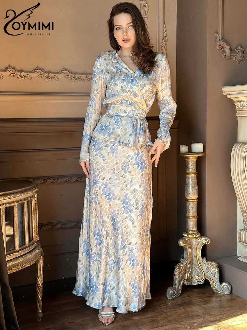 Oymimi Fashion Blue Print Two Piece Sets For Women Elegant V-Neck Long Sleeve Lace-Up Shirts And Straight Floor-Length Skirt Set