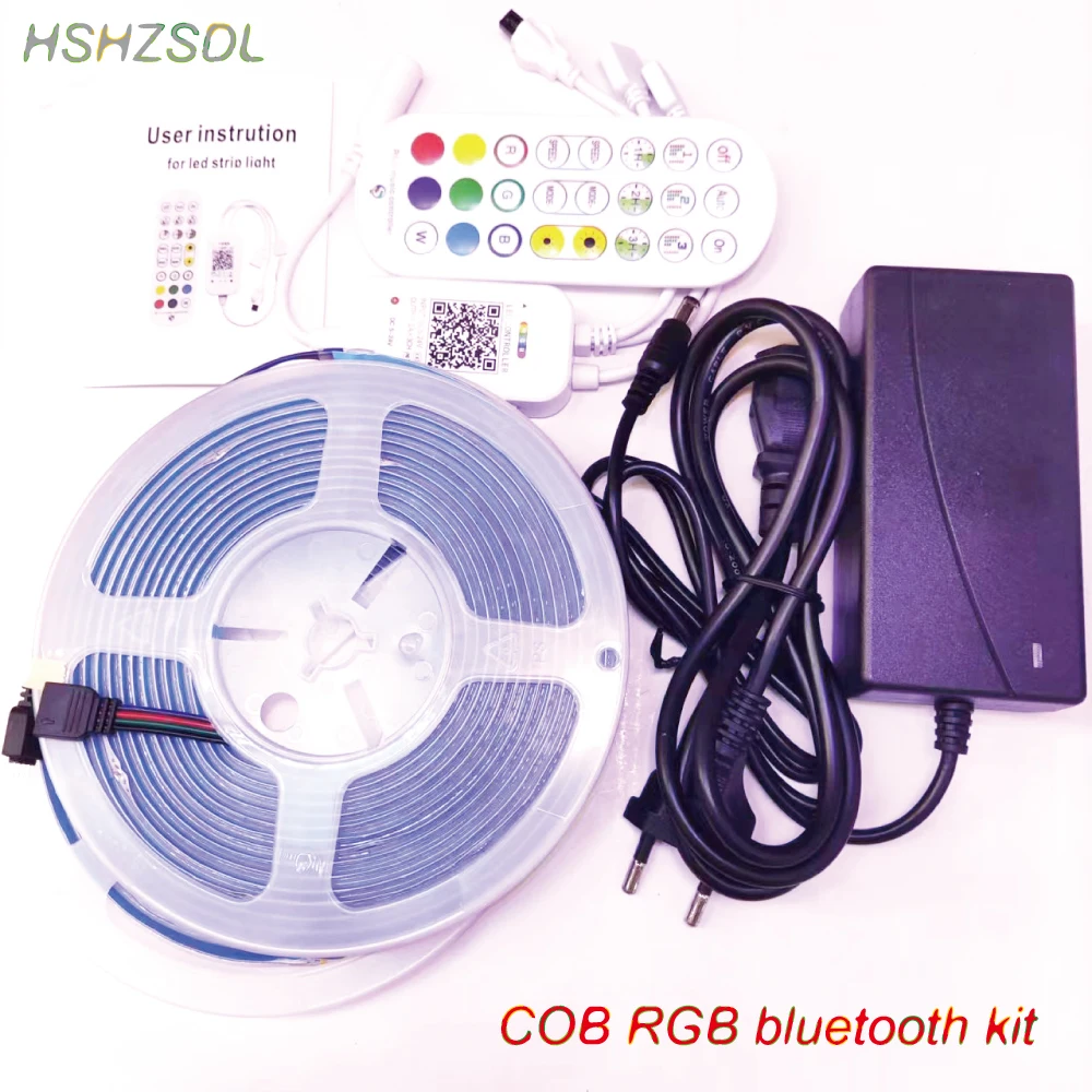 

12V 24V RGB COB LED Strip Light Bluetooth 24key Remote Control power Kit 756LED/m 5m 10m High Density Flex Led Tape smart Decor