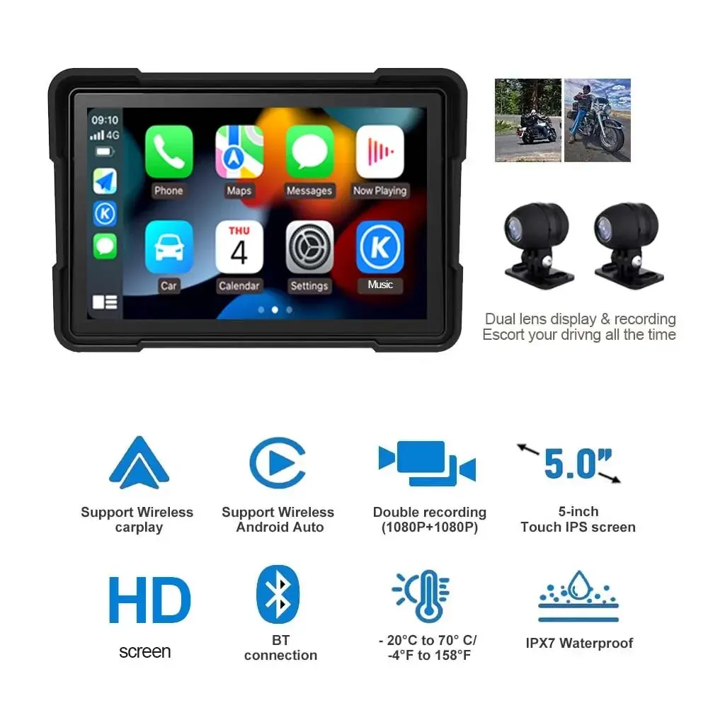 GcPaSr-Waterproof Motorcycle Dash Cam, Navegação GPS, CarPlay, Android Auto, IPS Smart Touch Screen, HD 1080P, 5 "Display