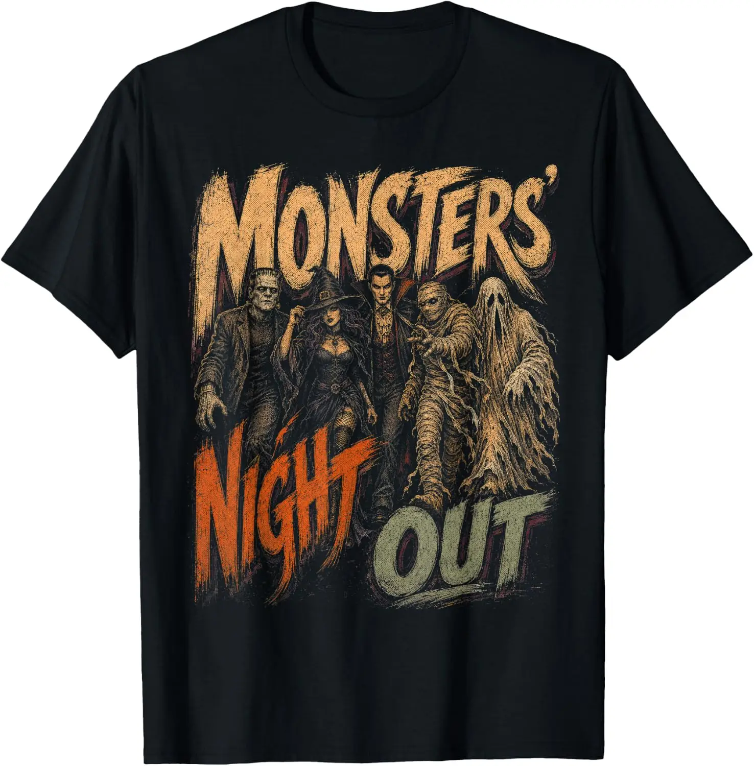 Funny Monsters Night Out Halloween Classic Monster Squad T-Shirt Unisex Graphic T‑Shirt, Unique [Your Graphic Design] Print Tee, 100% Cotton Soft Breathable Crew Neck Casual Short Sleeve T‑shirt For Men Women Novelty Daily Tops