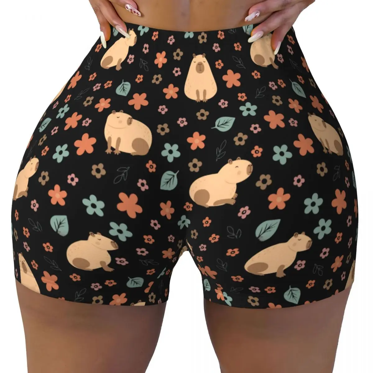 

Изготовленные на заказ байкерские шорты с капибарой и цветочным узором для спортзала, волейбола, женские шорты для тренировок, йоги