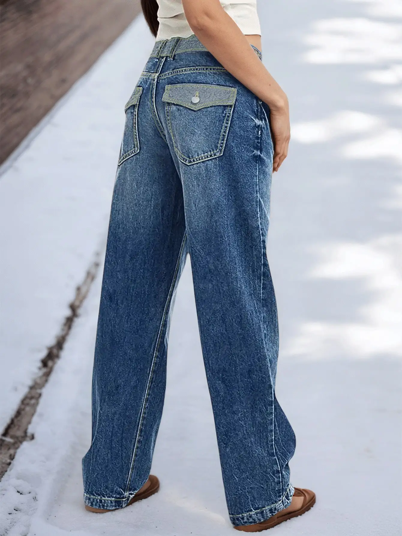 Jean en denim délavé à revers pour femme – Vêtements décontractés élégants et confortables