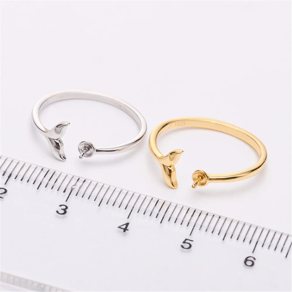 DIY Pearl Ring Accessory S925 Sterling Silver Ring Empty Holder Fish Tail K Gold Version Ring Holder Fit 6-9mm Round Flat Beads