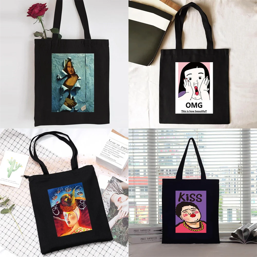 Shopping Bag Women Handbag Shoulder Bag Ladies Shopper  Canvas Bag Reusable Commute Large Capacity School Tote Bag Funny Print