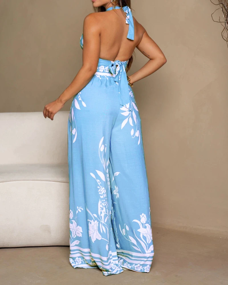 2 Piece Floral Print Sleeveless Tied Detail Tank Wide Leg Side Slit Long Pants Vacation Pants Set