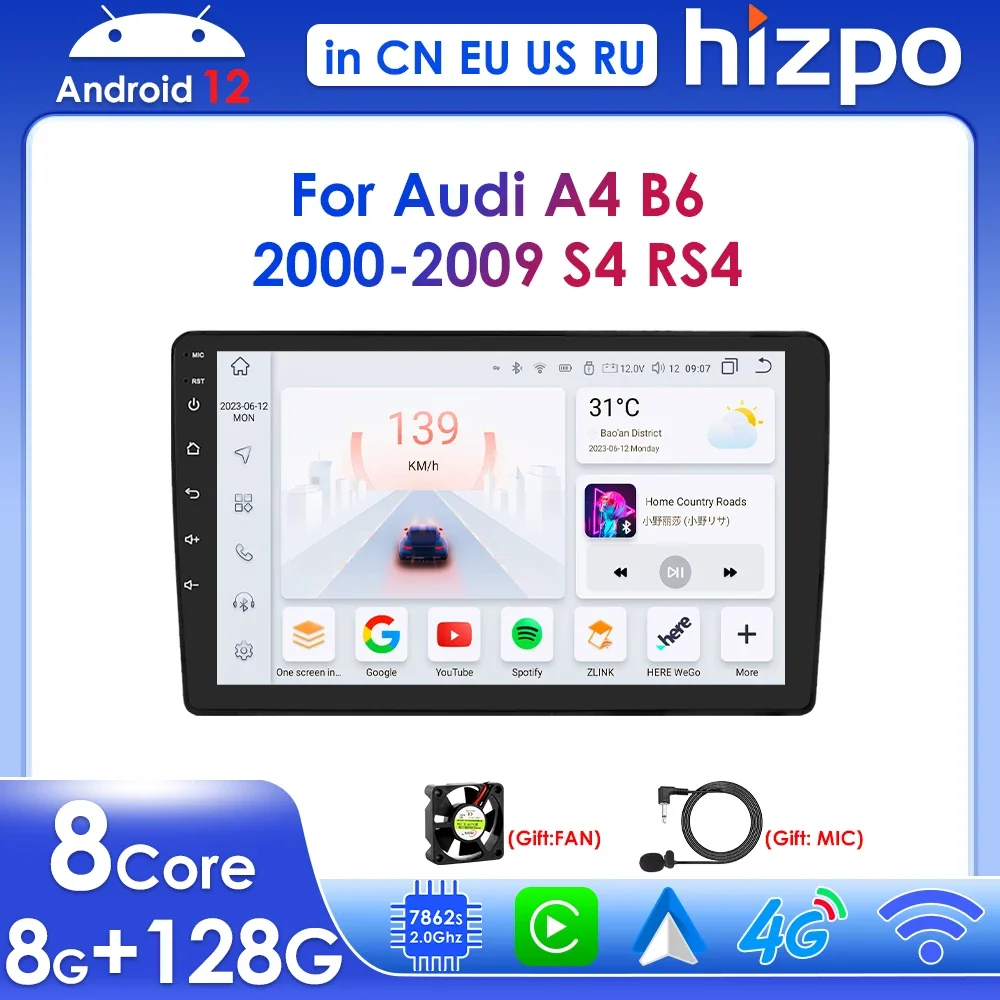 Hizpo-Leitor multimídia sem fio para carros, Carplay, Android, Automático, Rádio, GPS Navi, RDS, BT, 4G Stereo, 9 ", Audi A4, B6, 2000-2009 Seat Exeo