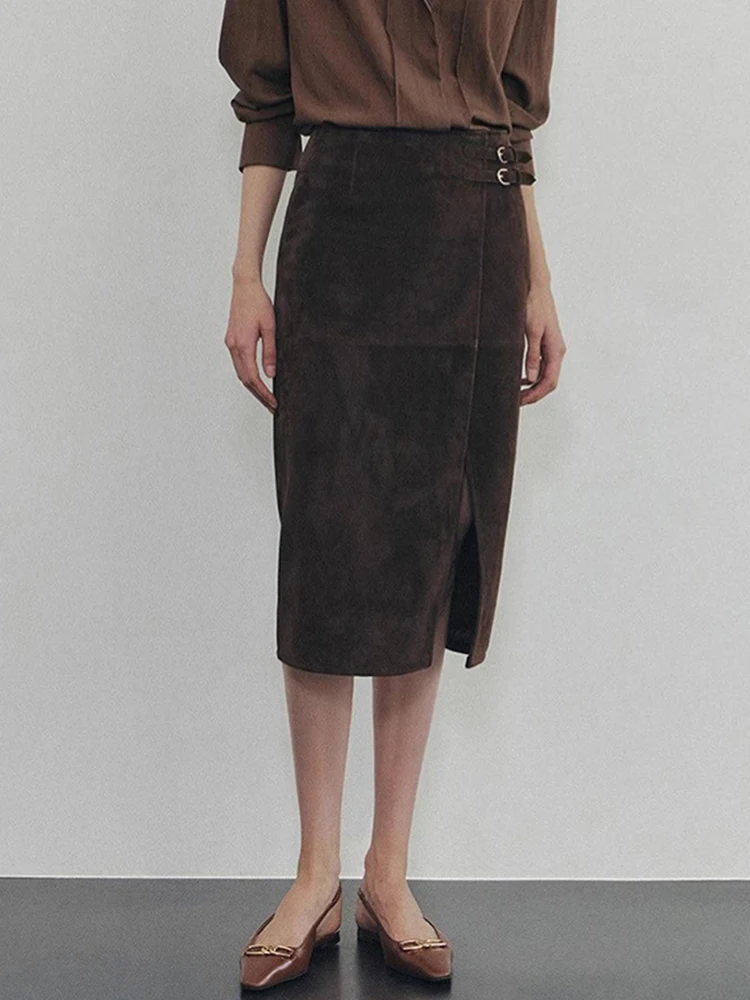 

Асимметричная замшевая юбка с высокой талией для новорожденных, женская ранняя осень, новая винтажная дизайнерская юбка с разрезом и запахом для поездок на работу