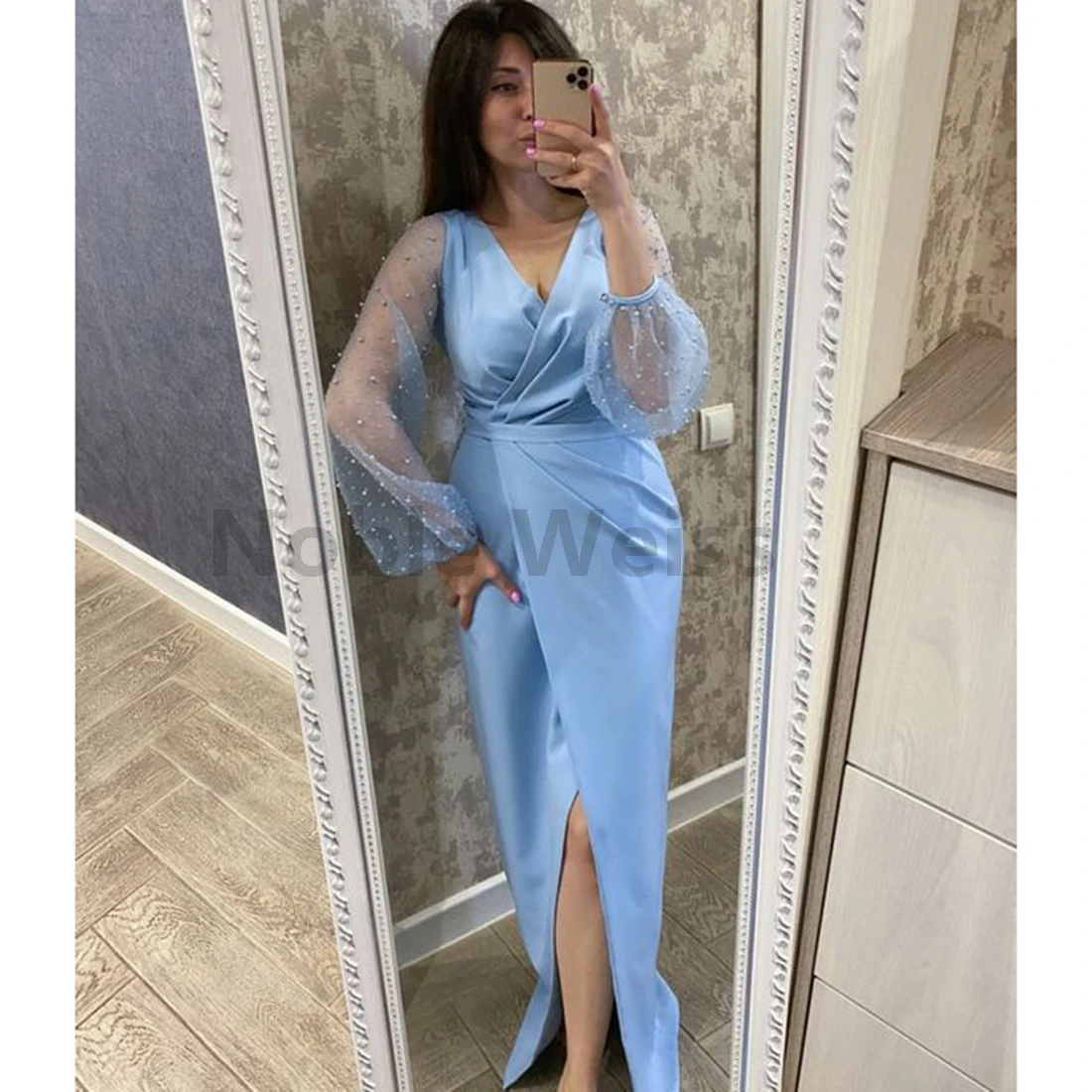 

Elegant V-Neck Satin Mermaid Evening Dress Long Sleeves Pleat Party Gown with Split Customize