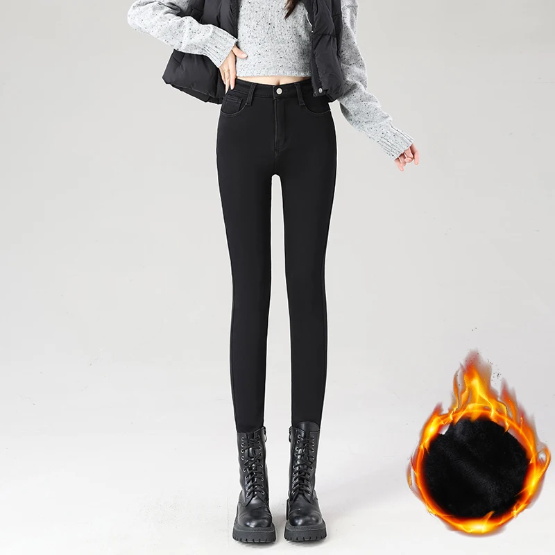 Zimowe ocieplane jeansy damskie, elastyczne, pluszowe, aksamitne, wyszczuplające spodnie typu pencil, modne koreańskie ubrania z pluszowego aksamitu.