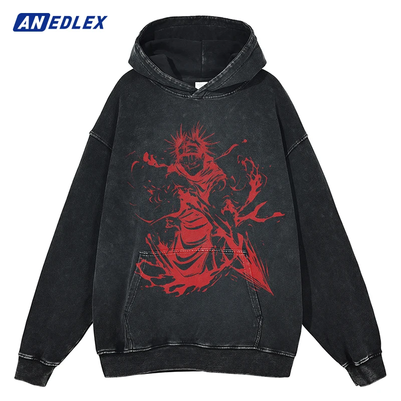 

Men Winter Fashion Streetwear Japanese Anime Graphic Print Hooded Pullover Vintage Black Hoodie Sweatshirt Cotton Hoodie