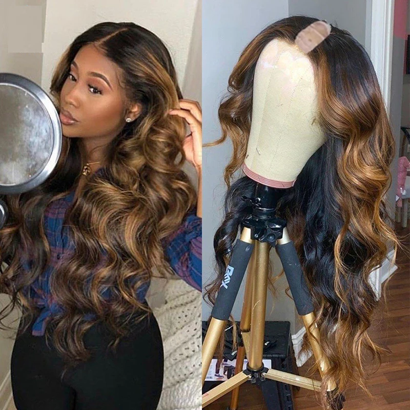 

Long Highlight Chestnut Brown Body Wavy 1x4 V Part Wig 100% Human Hair Loose Deep Wave Ombre Chocolate Blonde Full U Shape Wigs