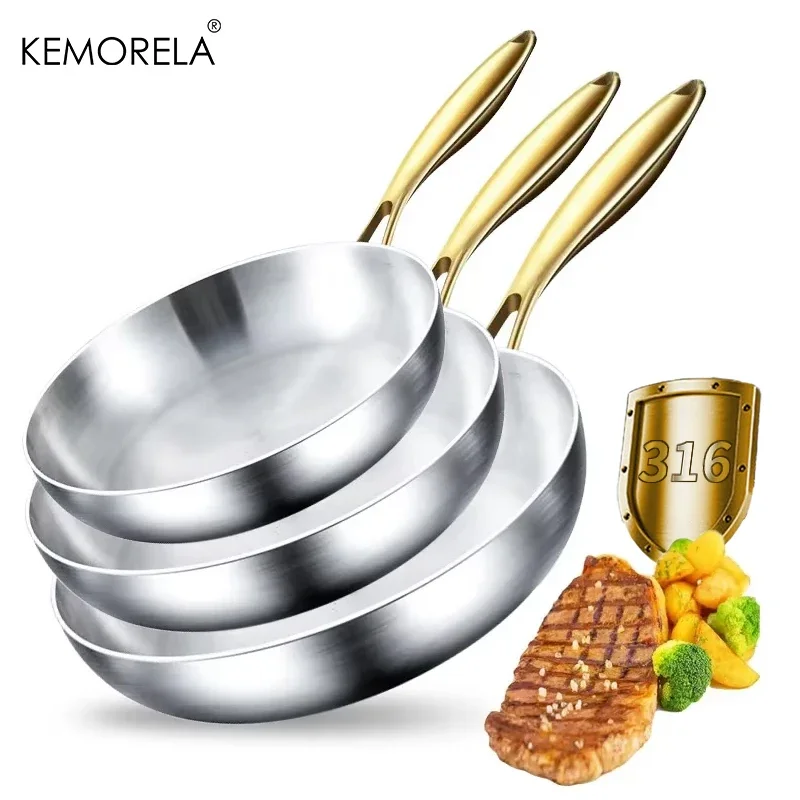 

3PCS/Set Frying Pan 22/24/26/28CM 304 Stainless Steel 2MM Thick Wok Pan 5 Ply Steel Food Grade Non-Stick Pans for Cooking Pot