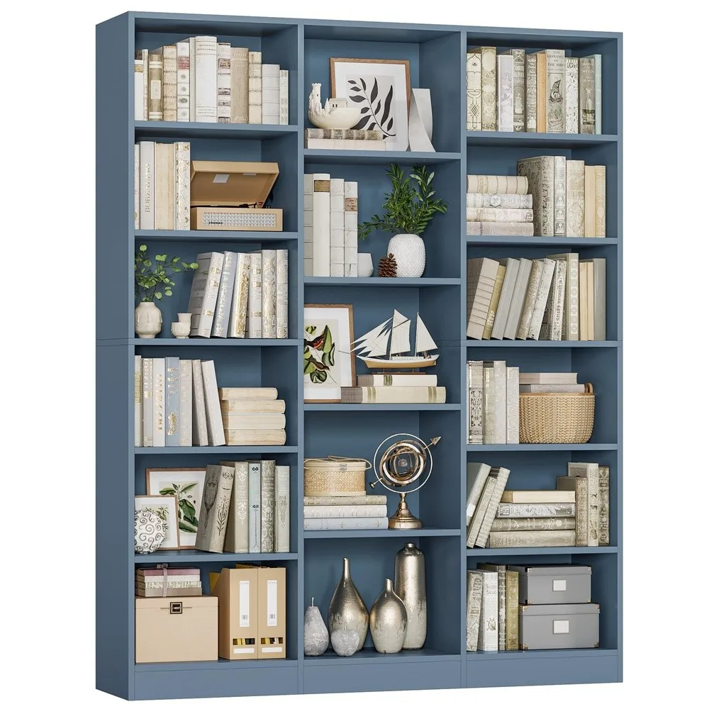 Triple Wide Bookshelf Large Bookshelf with 17 Display Shelves