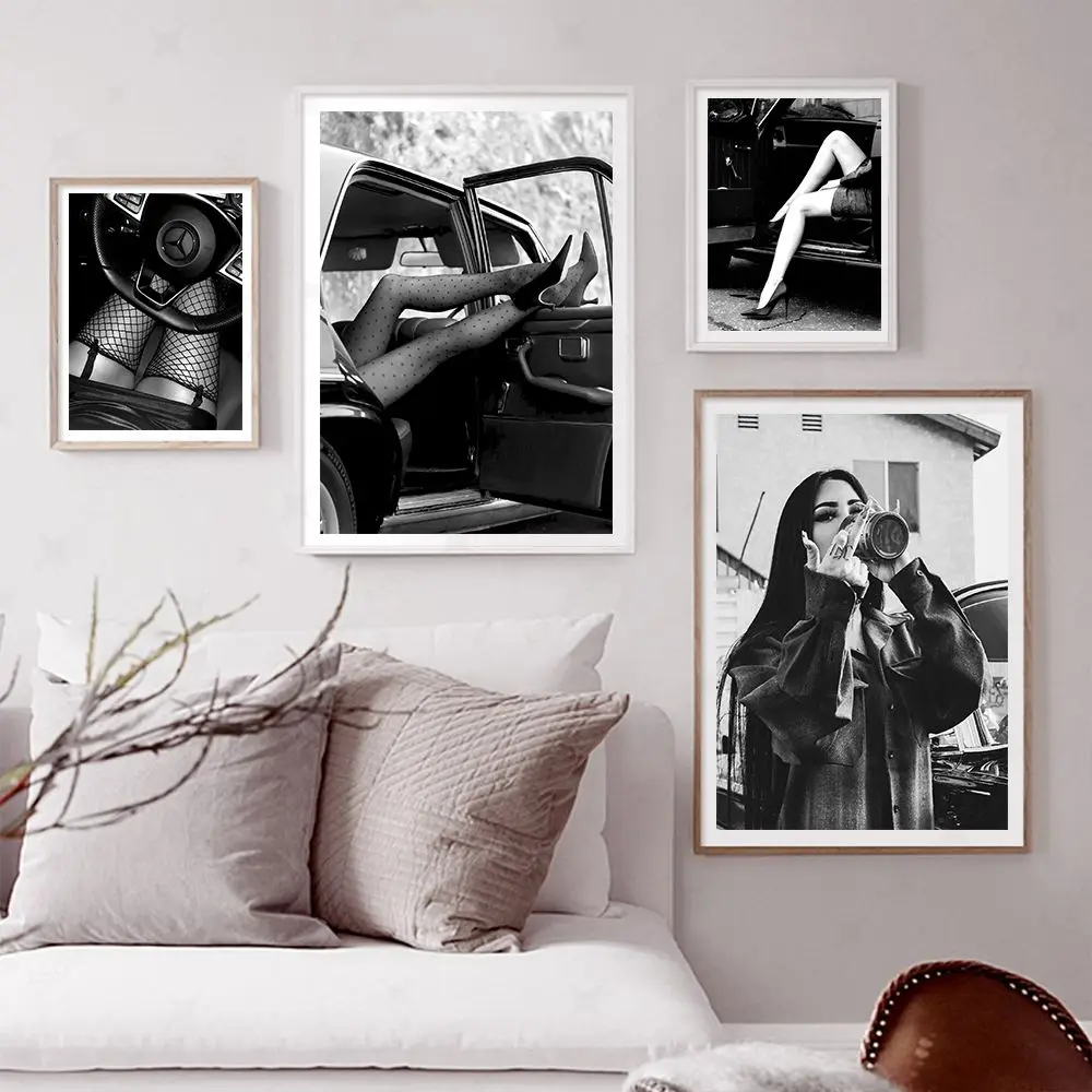 Black and White Retro Sexy Beauty Poster Disco Champagne Retro Woman on Car Canvas Printing Print Wall Art Decor Home Decoration