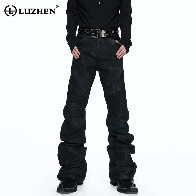 LUZHEN 2026 New Stylish Original Pleated Kneepad Patchwork Design Straight Jeans Men Trendy Motorcycles Denim Pants Male JY9286