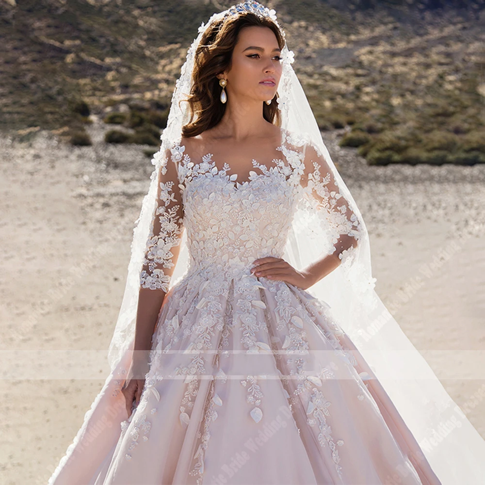 Elegantes vestidos de casamento para mulheres, apliques de renda, vestidos de casamento princesa, mangas compridas personalizadas, querida