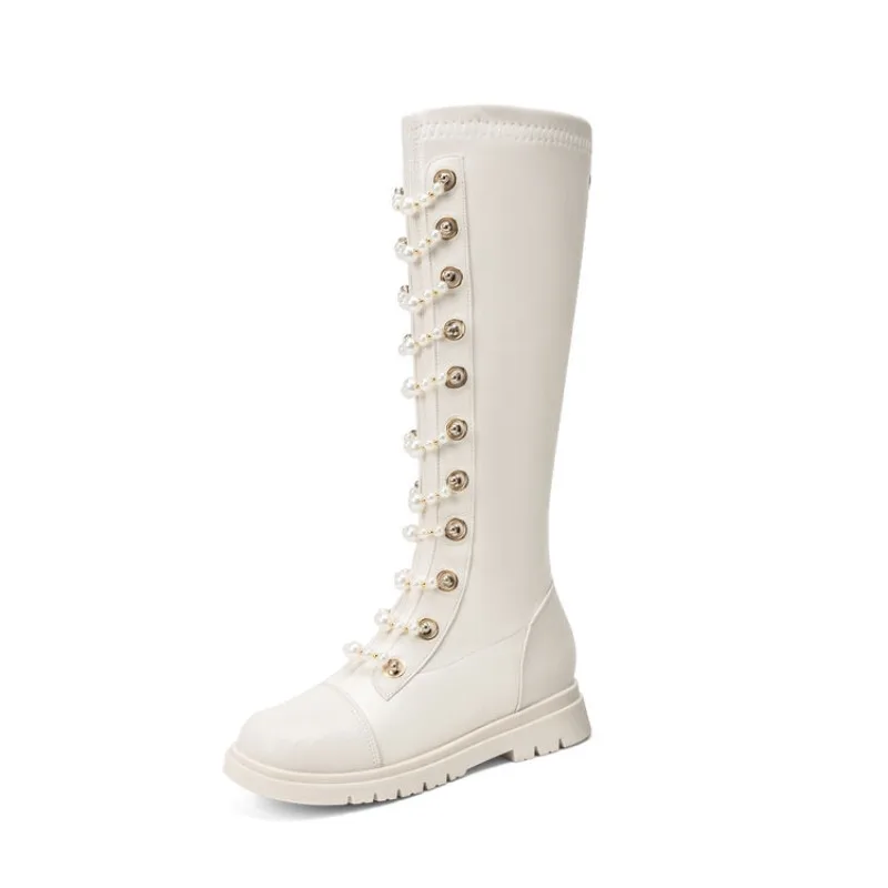 Pearl Chain Decoration Round Toe Knee High Boots New 3cm Back Zipper Flat Bottomed Patent Leather Women's Winter PU Boots 35-43 view 5