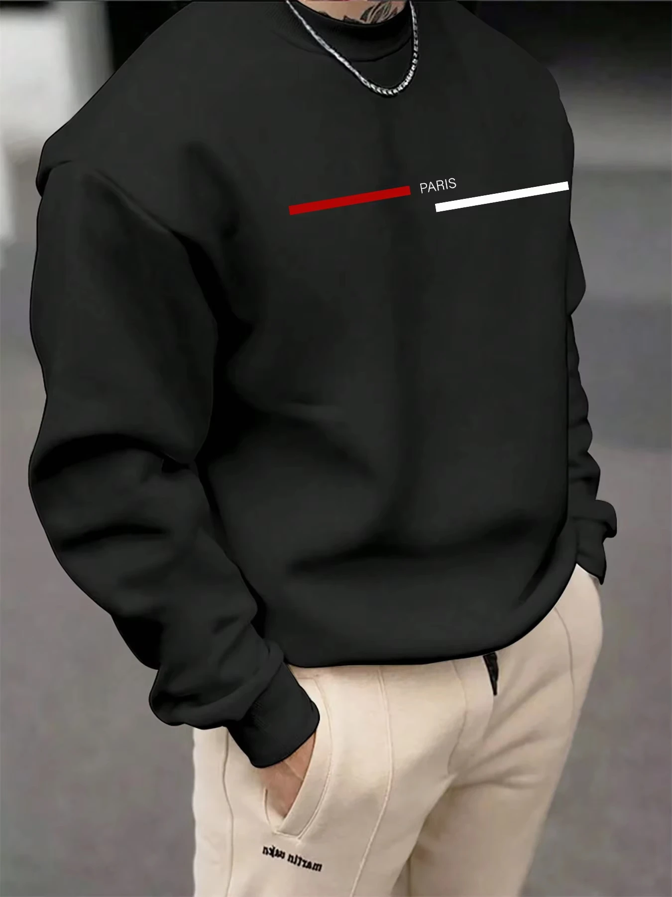 New Men's autumn and winter fashionable casual loose Paris letter graphic printed long sleeved round neck sweatshirt
