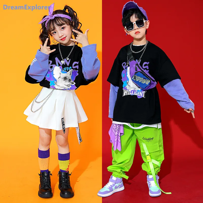 

Boys Hip Hop Fake Two-piece Sweatshirt Cargo Pants Girls Street Dance Miniskirt Joggers Child Streetwear Kids Jazz Clothes Sets