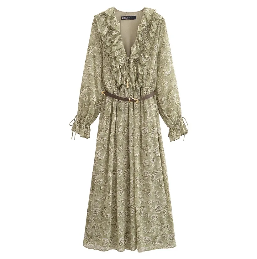 Primavera novas roupas femininas estilo europeu e americano cinto em camadas decoração vestido de manga comprida