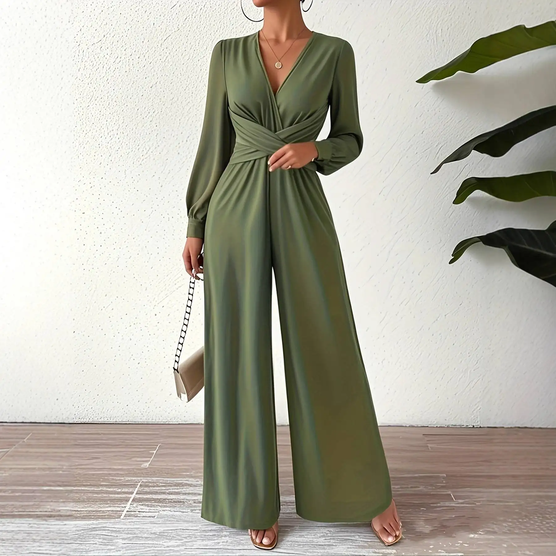 Women's Street Style High Waist Long Sleeve Cross Waist V Neck Jumpsuit Summer 2026 Polyester Fiber Long Pants