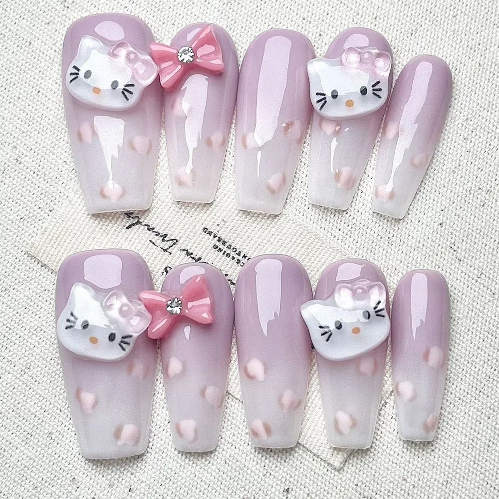 Kawaii 3d estéreo dos desenhos animados puro artesanal unhas falsas arte olá kitty cinnamoroll destacável moda wearable imprensa em dicas de unhas