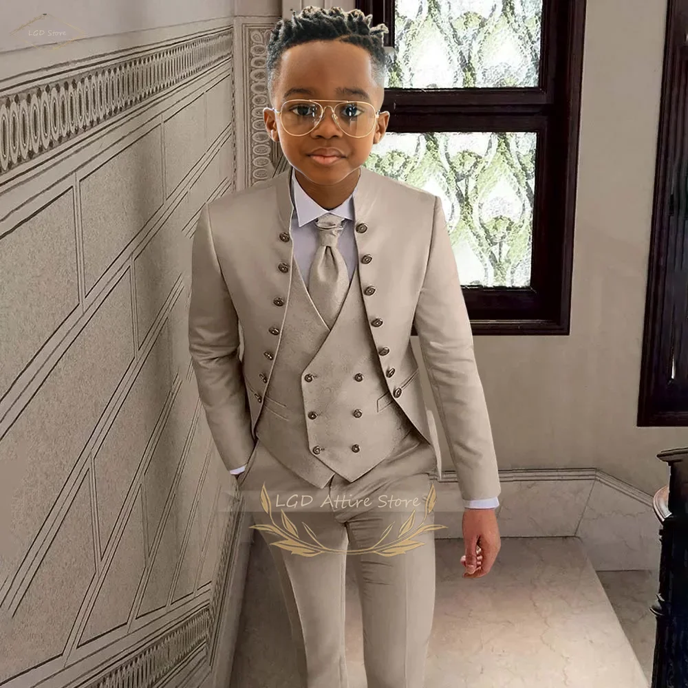 Traje noble vintage para niños Conjunto de 3 piezas 2-16 años Fiesta de cumpleaños de boda Estilo formal británico (chaqueta con botones + pantalones delgados + chaleco)