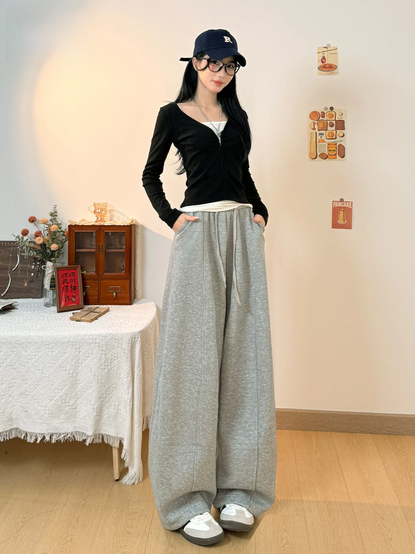 

Свободные серые брюки-палаццо в расслабленном стиле для женщин, весна-лето, с эластичным поясом, спортивные штаны свободного кроя