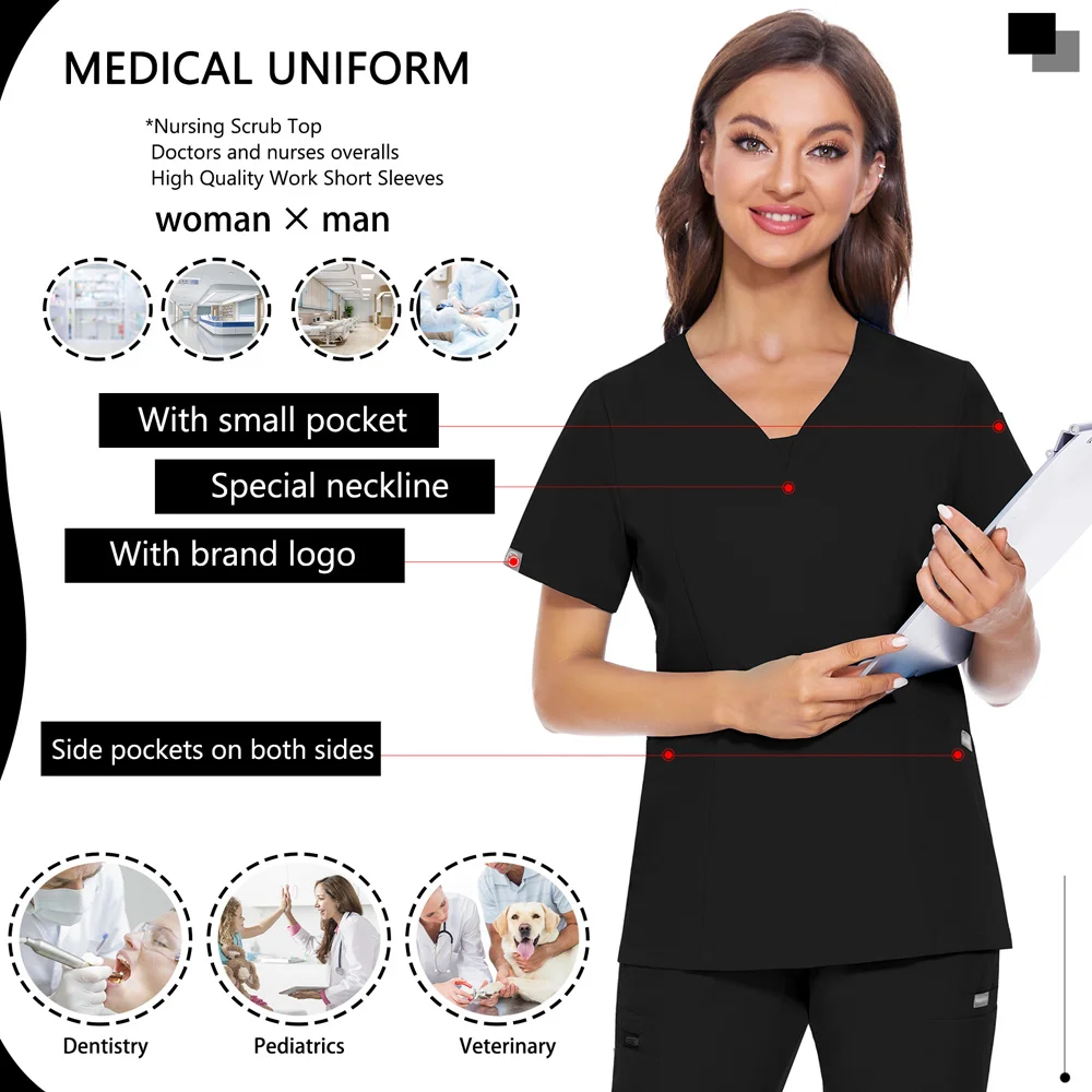 Beleza Salon Bolso Enfermagem Uniforme Senhoras Manga Curta V-neck Blusa Trabalhadores Cuidados Scrub Tops Enfermeira Workwear Médicos Uniformes