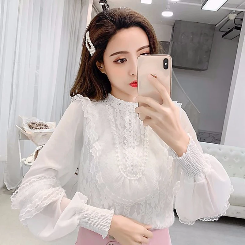 Elegant Stand Collar Lace Beading Ruffles Blouses Women\'s Clothing 2024 Spring Summer New Loose Korean Tops Office Lady Shirts